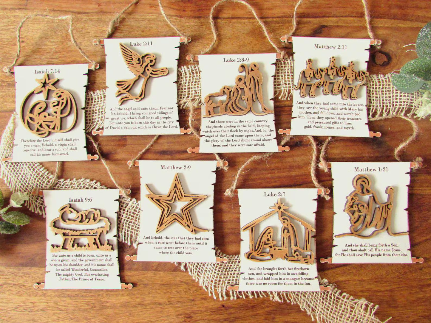 Nativity Scripture Scroll Ornament Set, Bible Verse Christmas Decor, Wood Nativity Scene Ornaments, Christian Holiday Gift, Set of 8